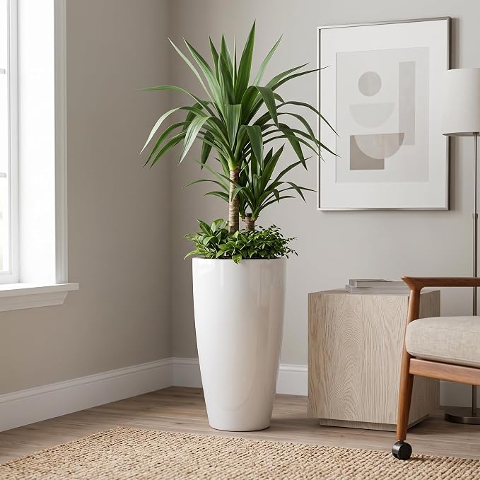 Sun-E Tall Planters for Outdoor Indoor Plants 2 Pack, 21-Inch Large Glossy White Planter, High Gloss Glazed Ceramic-Look Tall Pure White Flower Pots for Bright Entryway Modern Decor