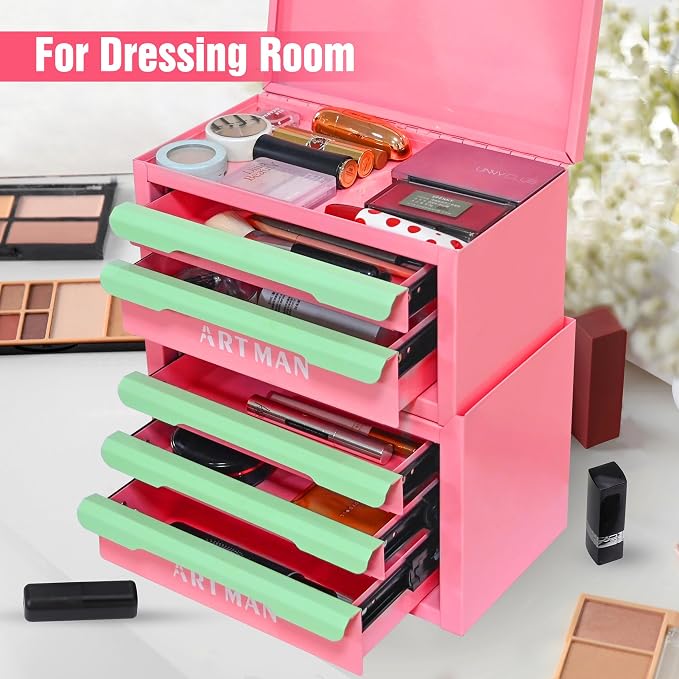 Metal Tool Box with Sliding Drawers, 5-Drawer Desktop Tool Box, Small Steel Tool Chest, Portable Benchtop Toolbox for Jewelry & Office DIY Pink&Creamy Green