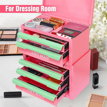 Metal Tool Box with Sliding Drawers, 5-Drawer Desktop Tool Box, Small Steel Tool Chest, Portable Benchtop Toolbox for Jewelry & Office DIY Pink&Creamy Green