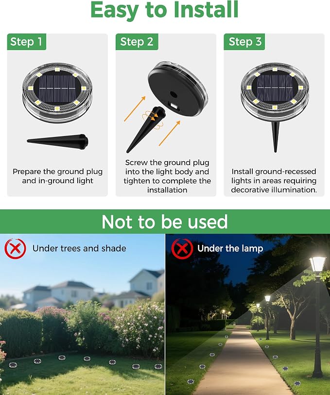 LOTMOS 30 Pack Solar Ground Lights Outdoor, 8 LED Solar Flat Lights IP68 Waterproof Disc Light, Landscape Lighting Solar Powered for Garden Yard Path Driveway Lawn Patio Walkway, Warm White