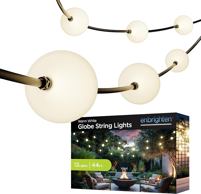 Enbrighten Globe Outdoor String Lights, 44ft, 12 Lights, White Light Only | 2700K Warm White LEDs, 4in Durable Plastic Globes, Weatherproof, Zip Ties Included for Mounting