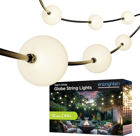 Enbrighten Globe Outdoor String Lights, 44ft, 12 Lights, White Light Only | 2700K Warm White LEDs, 4in Durable Plastic Globes, Weatherproof, Zip Ties Included for Mounting