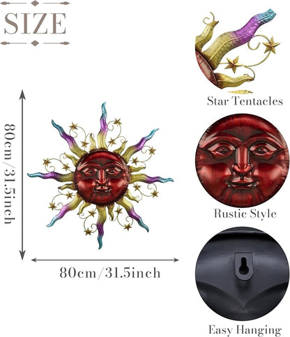 TERESA'S COLLECTIONS Outdoor Sun Metal Wall Art for Outdoor Decor,32" Red Sun Face 3D Wall Decor for Garden Decor,Rustic Retro Hanging Sculpture for Outside indoor Home Patio Farmhouse Gifts for Mom