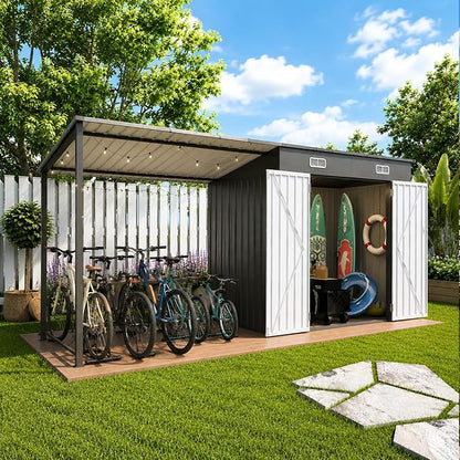 KEIKI 12x4 FT Metal Garden Shed with Pergola, 6x4 FT Outdoor Storage Shed & Backyard Gazebo Combo, 2-in-1 Patio Tool Shed with Open Side, Heavy-Duty Steel Frame, All-Weather, Easy Assembly, Gray