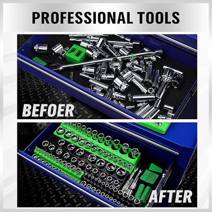Magnetic Socket Organizer Set, 6-piece 1/4", 3/8", 1/2" SAE & Metric Sockets Holder, Drive Socket Trays, Storage Tool Box, Holding 143 Slots, Soft Rubber Covering Black Green Tools