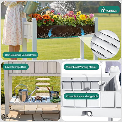 YITAHOME 3.6x1.5x2.8 FT Elevated Garden Bed Kit with Legs and Wheels, Outdoor Large Resin Planter Box Stand with Drain Plug and Storage Shelf for Plants Vegetables Fruits, Grayish-White