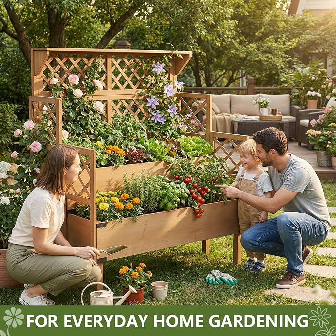 Raised Garden Bed with Trellis, 2-Tier Elevated Planter Box, Wooden Outdoor Planter for Vegetables Herbs Flowers, Lattice Back for Climbing Plants, Modern Minimal Design for Patio Balcony Backyard