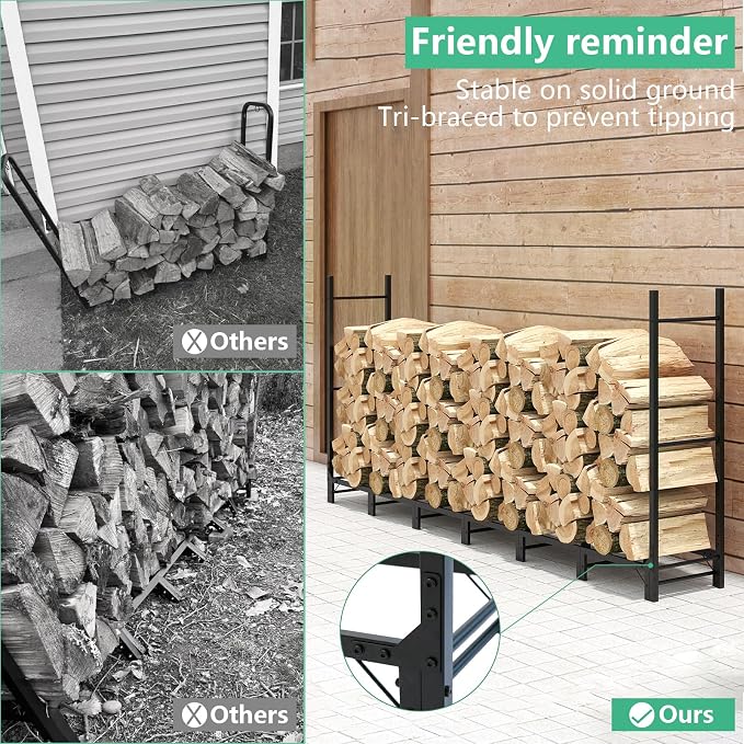 Helios&Hestia 8Ft Outdoor Firewood Rack for Fireplace, Heavy Duty Steel Log Holder, Indoor Wood Pile Storage Organizer, Adjustable Stacker Stand, Black