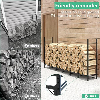 Helios&Hestia 8Ft Outdoor Firewood Rack for Fireplace, Heavy Duty Steel Log Holder, Indoor Wood Pile Storage Organizer, Adjustable Stacker Stand, Black