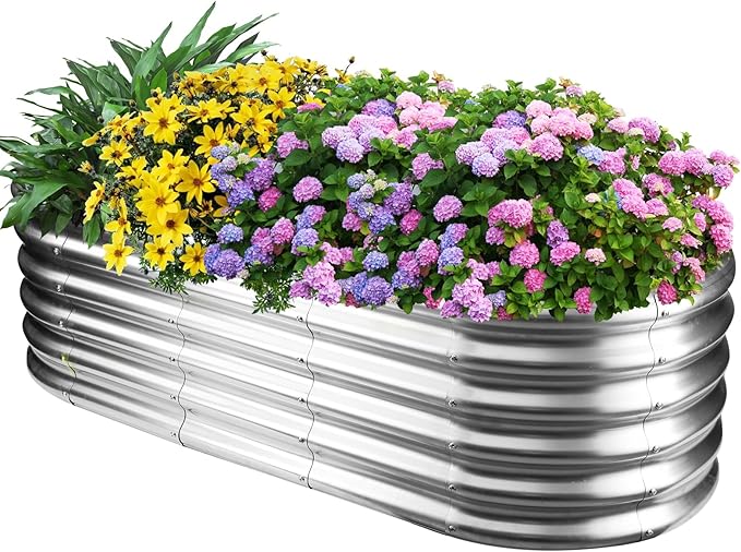 17" Tall Oval-Shaped / Elliptic Metal Raised Garden Bed Outdoor Silver | 60X24X17 Inch,1.5 FT Tall,0.8MM Thick Galvanized Metal,for Variety of Flowers,Herbs,Vegetables.with Gloves,Tool free
