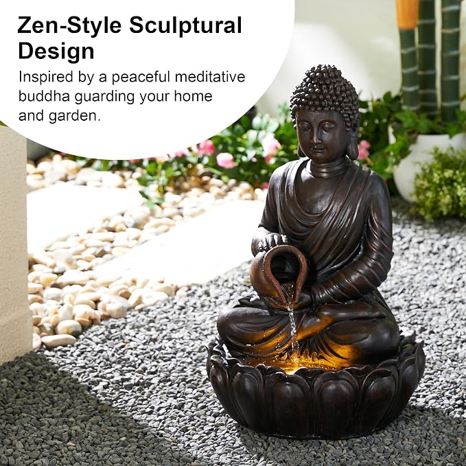 Glitzhome Buddha Fountain Outdoor 2 Tier Zen Style Buddha Water Fountains with Pump & LED Light, Buddha Fountains and Waterfalls Outdoor Floor Fountain Buddha Statues for Garden Patio Backyard 20.5"H