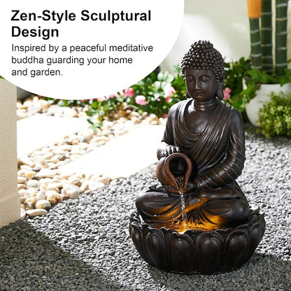Glitzhome Buddha Fountain Outdoor 2 Tier Zen Style Buddha Water Fountains with Pump & LED Light, Buddha Fountains and Waterfalls Outdoor Floor Fountain Buddha Statues for Garden Patio Backyard 20.5"H