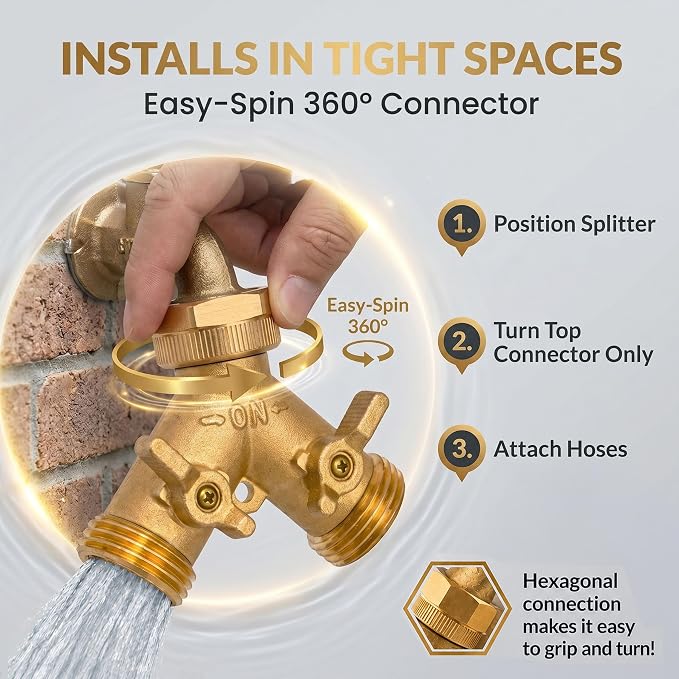 Morvat Brass Heavy-Duty Garden Hose Water Splitter | LEAD-FREE 2-Way Y Splitter for Water Spigot & Faucet | Manifold Connector ON/OFF Valves w/Improved Comfort Grip, 3 Extra Washers & Teflon Tape