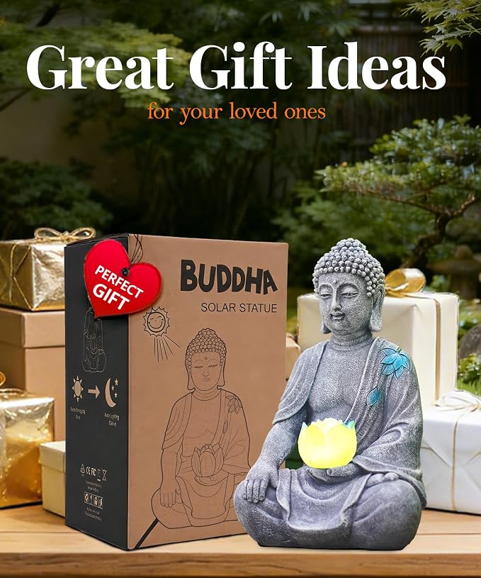 Nacome Solar Buddha Garden Statue Decor: Sitting Resin Figurine with Lotus Flower Light Zen Sculpture for Patio Lawn Yard Porch Balcony Meditation Space - 8.3 inches(Grey)