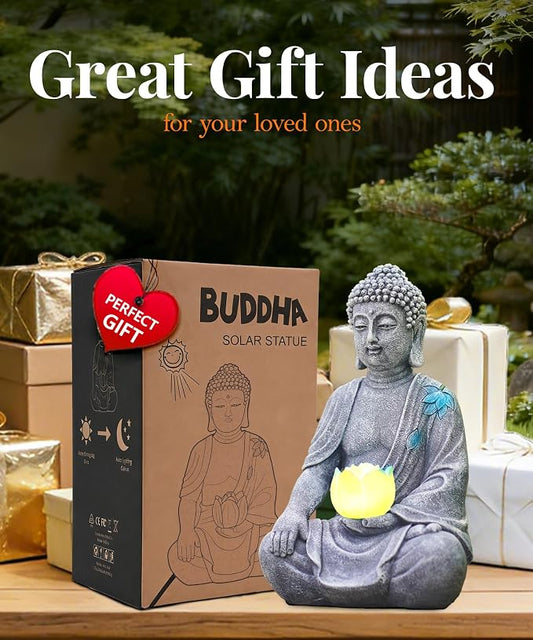 Nacome Solar Buddha Garden Statue Decor: Sitting Resin Figurine with Lotus Flower Light Zen Sculpture for Patio Lawn Yard Porch Balcony Meditation Space - 8.3 inches(Grey)