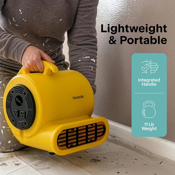 SereneLife Air Mover Blower Fan 1000 CFM – Powerful High Performance 3-Speed Fan for Floor & Carpet Drying, Portable Floor Fan w/Adjustable Tilt, Plug Multiple Units for Home Garage & Restoration Use