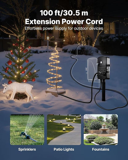 VEVOR Outdoor Power Stake Waterproof, 100 FT Extension Cord, Outdoor Power Strip, Weatherproof with Cover and Overload Protection, 6 Outlets, 13A/1625W for Halloween/Christmas Lights Decorations