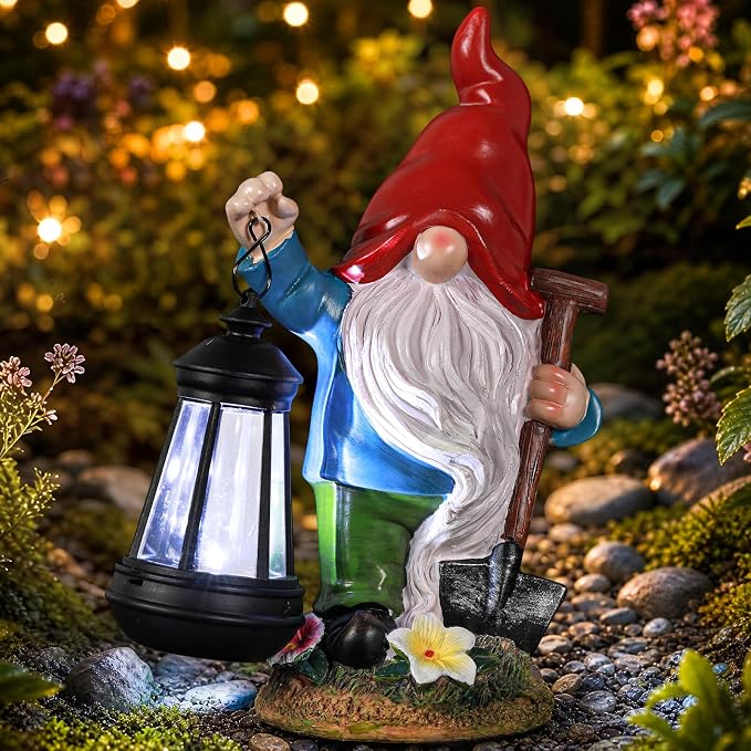 Gnome Garden Decor Statue with Lantern, Solar Gnomes Outdoor Decorations with LED Lights, Lawn Decor Yard Ornament for Patio Balcony, Mother's Day Birthday Gift for Mom Grandma