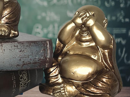 Bellaa Laughing Buddha Set of 3, Hear-No, See-No, Speak-No Evil, Happy Hotei Feng Shui Statue for Money Wealth Zen Chinese Buddhist Monk Budai Luck Happiness Gold 26058