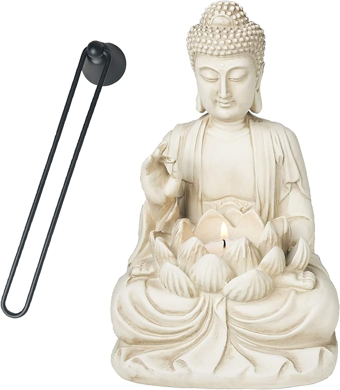 Buddha Tealight Candle Holder Statue – 8.5” Tall Polyresin - Zen Home and Garden Decor - Includes 3pcs Tea Lights and Free Candle Snuffer for Office, Indoor, Outdoor Decoration