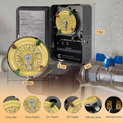 T101 Mechanical Timer Switch - 120V 2HP 40A SPST Electromechanical Timers, 12 ON/Off 24 Hour Timer with Tripper for Lights, Pool Pumps, Water Heater Fans & HVAC Systems