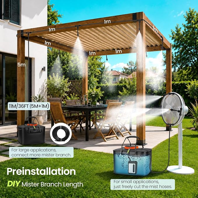 MIXC Portable Misting Systems, Outdoor Water Cooling Misters Set with 5200mAh Water Pump, 5.8GAL/22L Bucket, 36FT(11M) Hose, 8*Adjustable Brass Nozzles for Patio/Umbrella/Golf Cart/Canopy/Camping
