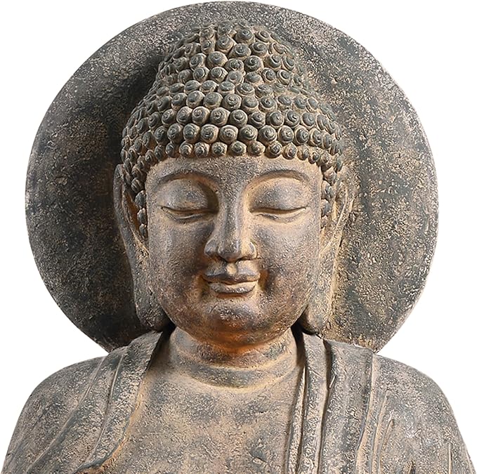 Teamson Home Buddha Zen Statue Water Fountain, Stone Gray | LED Light, Pump Included, Outdoor Patio Garden Backyard Decking, 28 Inch Height