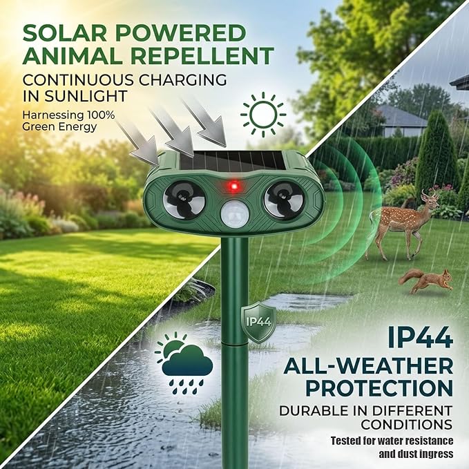 4Pack Solar Ultrasonic Animal Repeller Outdoor for Deer, Cats & Squirrels | Sonic Fortress Pro Deer Repellent, IP65 Motion Activated Cat Deterrent to Scare Rabbit Shunk for Garden Yard