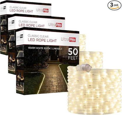 UltraPro LED Rope Lights, 50ft Classic Clear Rope, Warm White Light 3000K, Indoor/Outdoor, Flexible, Linkable, Durable, Rope-Lights Outdoor, 54505 (Pack of 3)