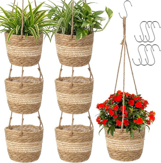 6 Pcs Seagrass Hanging Planter Basket Hand Woven Plant Basket with Plastic Liners Hanging Plant Holder Storage Containers with Cotton Rope for Indoor Outdoor Garden Home Decor(Beige)