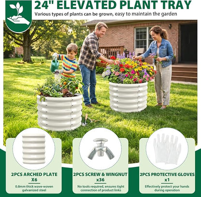 24" Diameter Round Raised Garden Bed - 17 Inch Tall, Heavy-Duty Galvanized Steel Planter Box with Wave-Shaped Panels for Vegetables, Herbs & Flowers (2, White, 24 Inch Diameter)