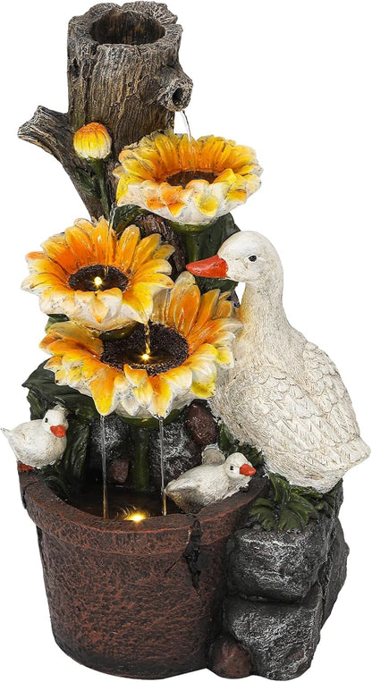 AUTODAYA 19" Sunflower & Duck Water Fountain Indoor Outdoor with LED Lights | 4-Tier Cascading Waterfalls, Rustic Decor for Garden, Yard, Patio, Flowerbed & Farmhouse