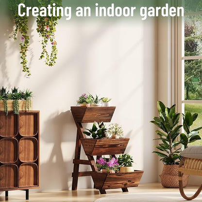 3-Tier Vertical Wooden Raised Garden Bed, Freestanding Garden Planter Box, Wood Flower Rack, Planter Box for Herbs, Vegetables, Outdoor Indoor Use, Small-Carbonized