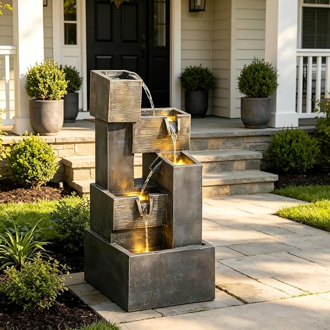 AUTODAYA 32.5" 5-Tier Stacked Blocks Fountains LED Cascading Waterfall | outdoor modern concrete texture, garden patio deck backyard,Porch or Home Décor