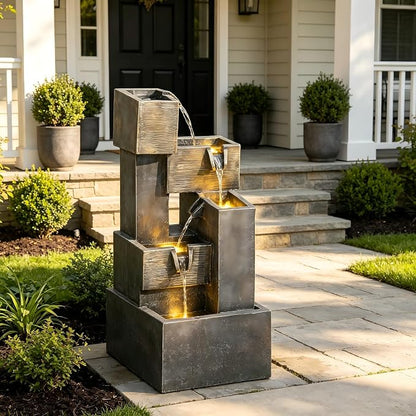 AUTODAYA 32.5" 5-Tier Stacked Blocks Fountains LED Cascading Waterfall | outdoor modern concrete texture, garden patio deck backyard,Porch or Home Décor