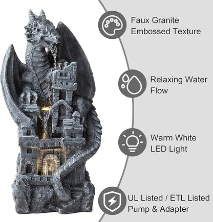 Glitzhome 37"H 4 Tiers Resin Waterfalls Water Fountain, Mystical Gothic Dragon Perched Atop The Castle Sculptural with Pump & LED Light Indoor Outdoor Floor Fountain for Garden Patio Backyard Decking