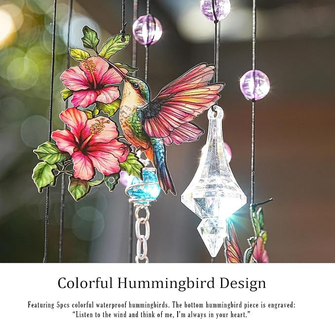 YU FENG Hummingbird Memorial Wind Chime, Crystal Suncatcher Garden Decor | 27 Inch Pink Metal Wind Chime, Hummingbird Design, Sympathy Gift For Women Mom Grandma, Outdoor Hanging Decor
