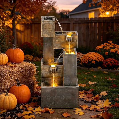 AUTODAYA 32.5" 5-Tier Stacked Blocks Fountains LED Cascading Waterfall | outdoor modern concrete texture, garden patio deck backyard,Porch or Home Décor