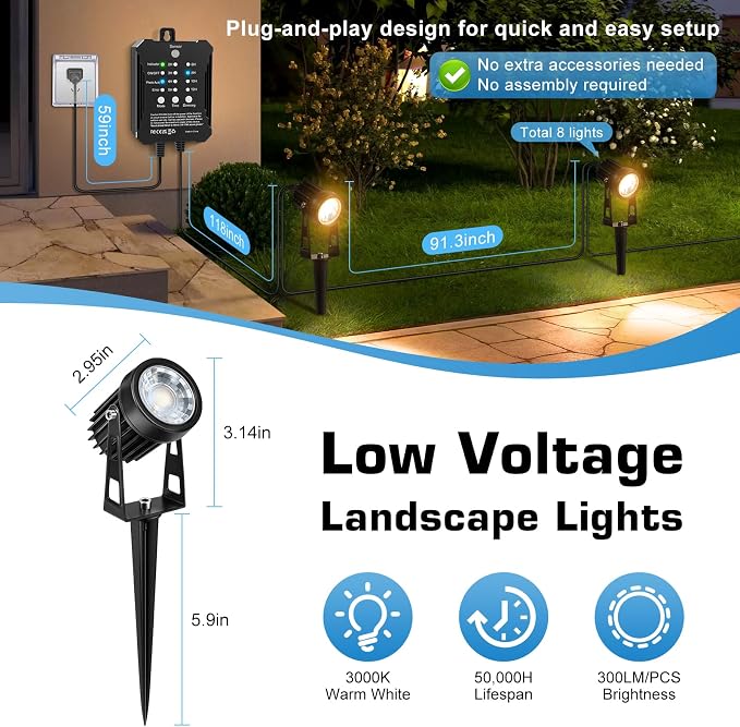 Low Voltage Landscape Lighting Kit, 8-Pack LED Spotlights with 24W Transformer, 3000K Waterproof Outdoor Lights with Timer & Dusk-to-Dawn Sensor, 75FT Wire for Yard, Garden, Patio, Pathway, Trees