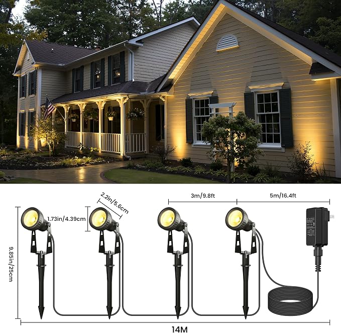 Zuske Outdoor Landscape Lighting, 4-Pack Outdoor Spot Lights with Transformer, Plug in LED Spot Lights for Garden, Yard, Backyard, Plants, Lawn, Trees, House, Flags, IP65 Waterproof – Warm White