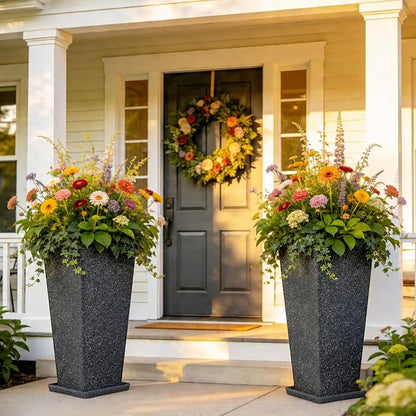 Autodaya 28" Oversized Black Terrazzo-Look PP Tall Planters Set of 2 | Lightweight PP Pots With Drainage Hole for Indoor and Outdoor Plants, Patio, Garden, Porch, Living Room, or Gifting
