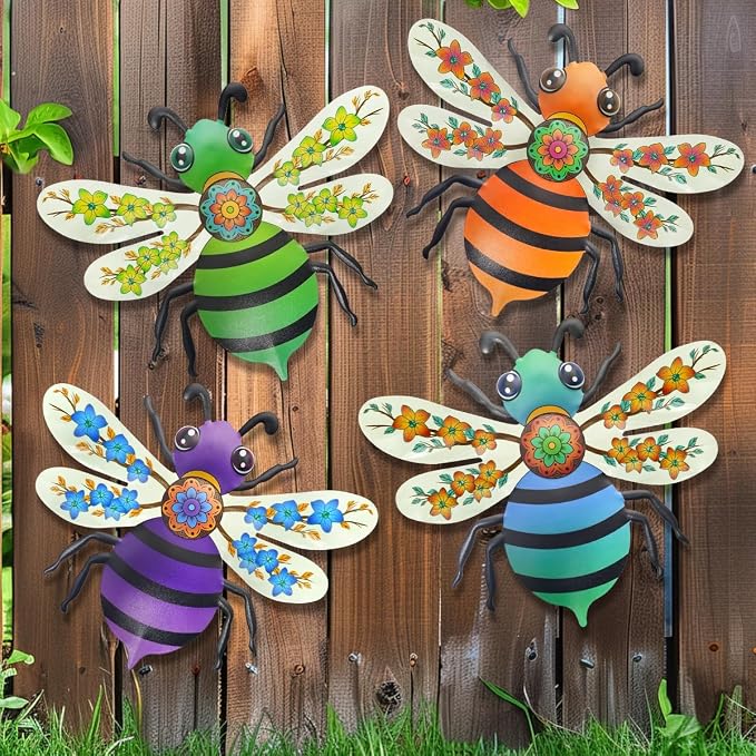 VOKPROOF Metal Bee Wall Art Decor, Outdoor Fence Decor for Patio Yard Garden, Hanging Decorations for Living Room, Bedroom(4 Pack)