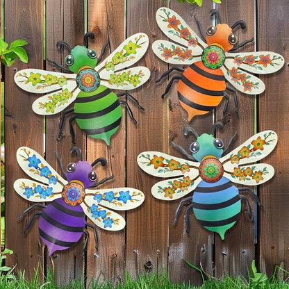 VOKPROOF Metal Bee Wall Art Decor, Outdoor Fence Decor for Patio Yard Garden, Hanging Decorations for Living Room, Bedroom(4 Pack)