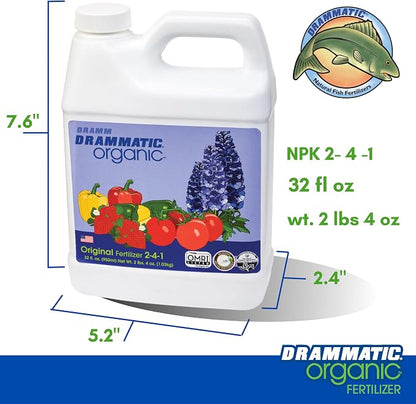 Drammatic® Organic™ Original Fertilizer 2-4-1, Hydrolyzed Liquid Fish Fertilizer for Vegetables, Flowers, and Fruits, 1 Quart (32 Ounces), OMRI Listed