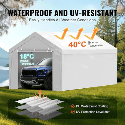VEVOR Carport Replacement Canopy Top Cover + Sidewall 10 x 20 ft, Garage Tent Shelter Tarp Heavy-Duty Waterproof & UV Protected, Easy Installation with Ball Bungees,White (Frame Not Included)