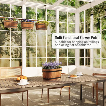 2-Pack Wooden Railing Planters, Hanging Flower Pots with Detachable Hooks for Balcony, Fence, Deck, Garden & Country Home Decor, Brown