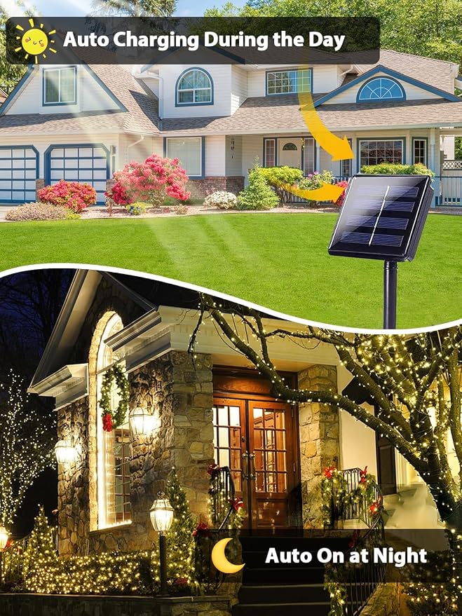 Solar String Lights Outdoor 2 Pack 400 LED Solar Christmas Light Warm White | 8 Lighting Modes, Memory Function, Auto On/Off, 132FT Waterproof Twinkle Lights for Outside Garden Yard Party Xmas Tree Decor