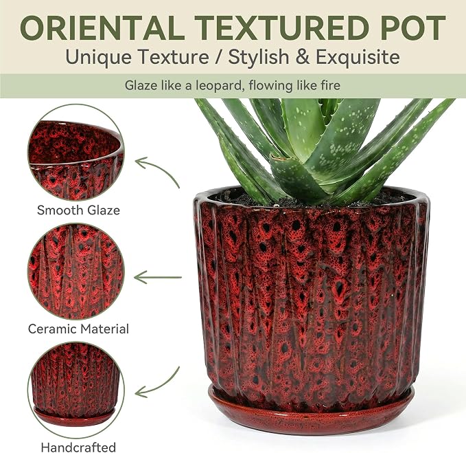 10 Inch Ceramic Planter Pot with Saucer Drainage Leak-Proof Mesh,Flower Pots for Indoor Plants with Gardening Gloves,Ceramic Planter(Spotted Red)
