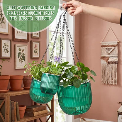 Maxcheck 3 Pcs Self Watering Hanging Planters Indoor Gift 6.9'' 6.5'' 4.5'' Hanging Flower Pots Baskets Outdoor Emerald Self Watering Plant with 3 Hooks Drainage Holes for Home