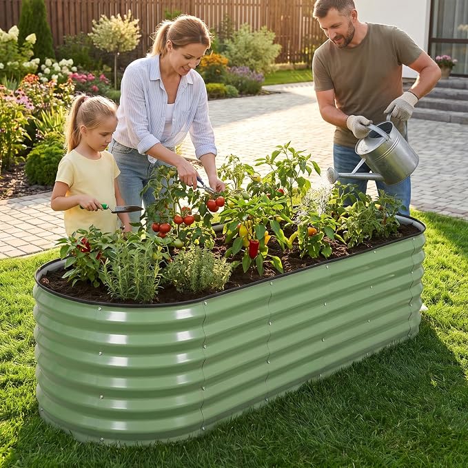 1MORE Galvanized Raised Garden Bed- Planter Garden Boxes Outdoor, Raised Beds for Gardening, 6x2x1.4ft Metal Garden Bed Kit for Vegetables Flower, Planter Raised Bed with Protective Tape & Tools.Green